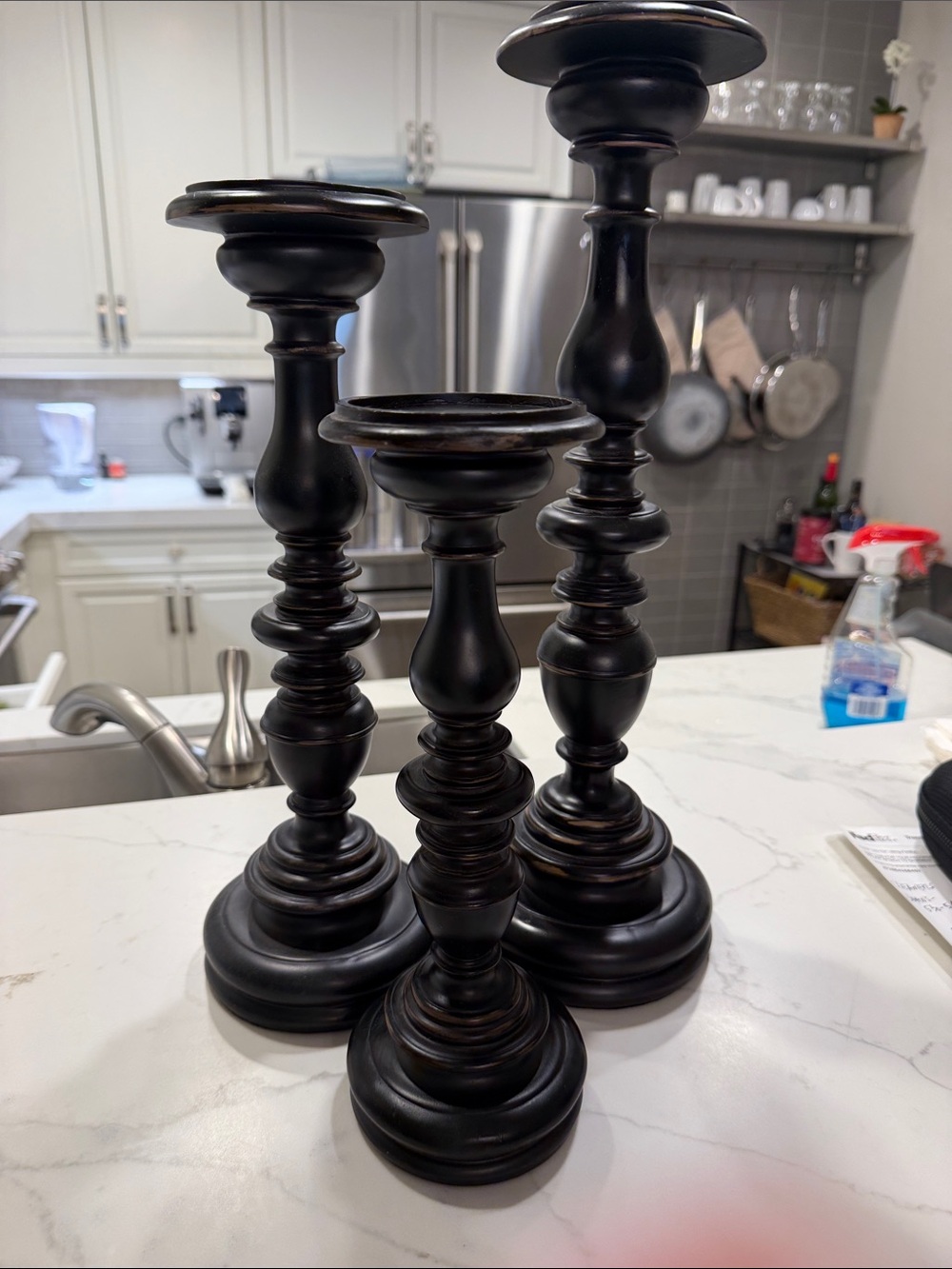 Unbranded Black Wood Turned Candle Holders - Set of 3